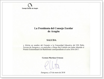 Felicitación de la Presidenta del Consejo Escolar de Aragón