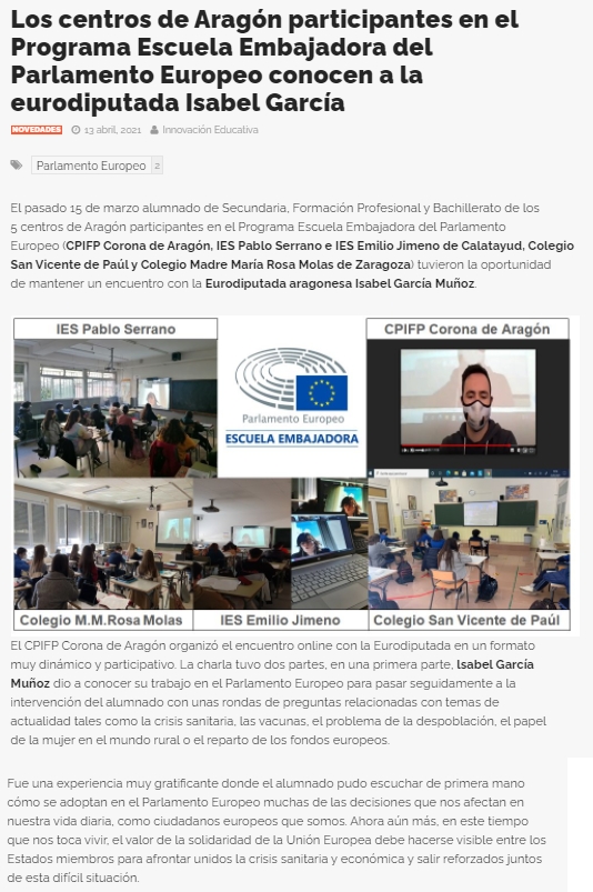 Los centros de Aragón participantes en el Programa Escuela Embajadora del Parlamento Europeo conocen a la eurodiputada Isabel García